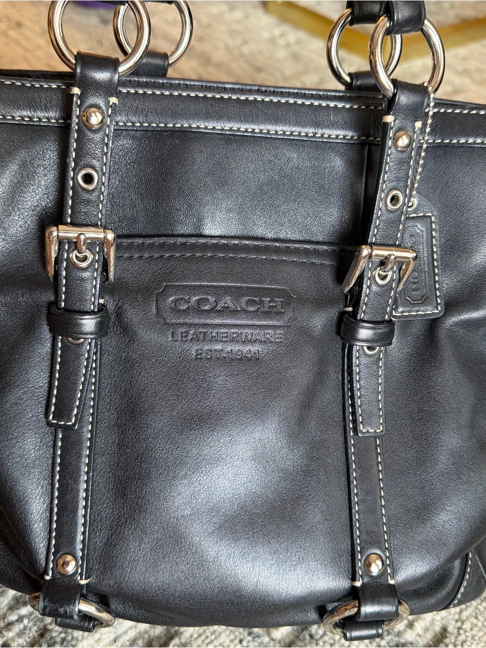 Vintage Coach Black Leather Tote Bag with Silver Hardware